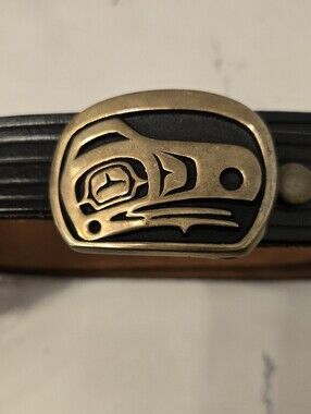 Vintage Rainbow Metals Black Leather Belt With Brass Native American Image